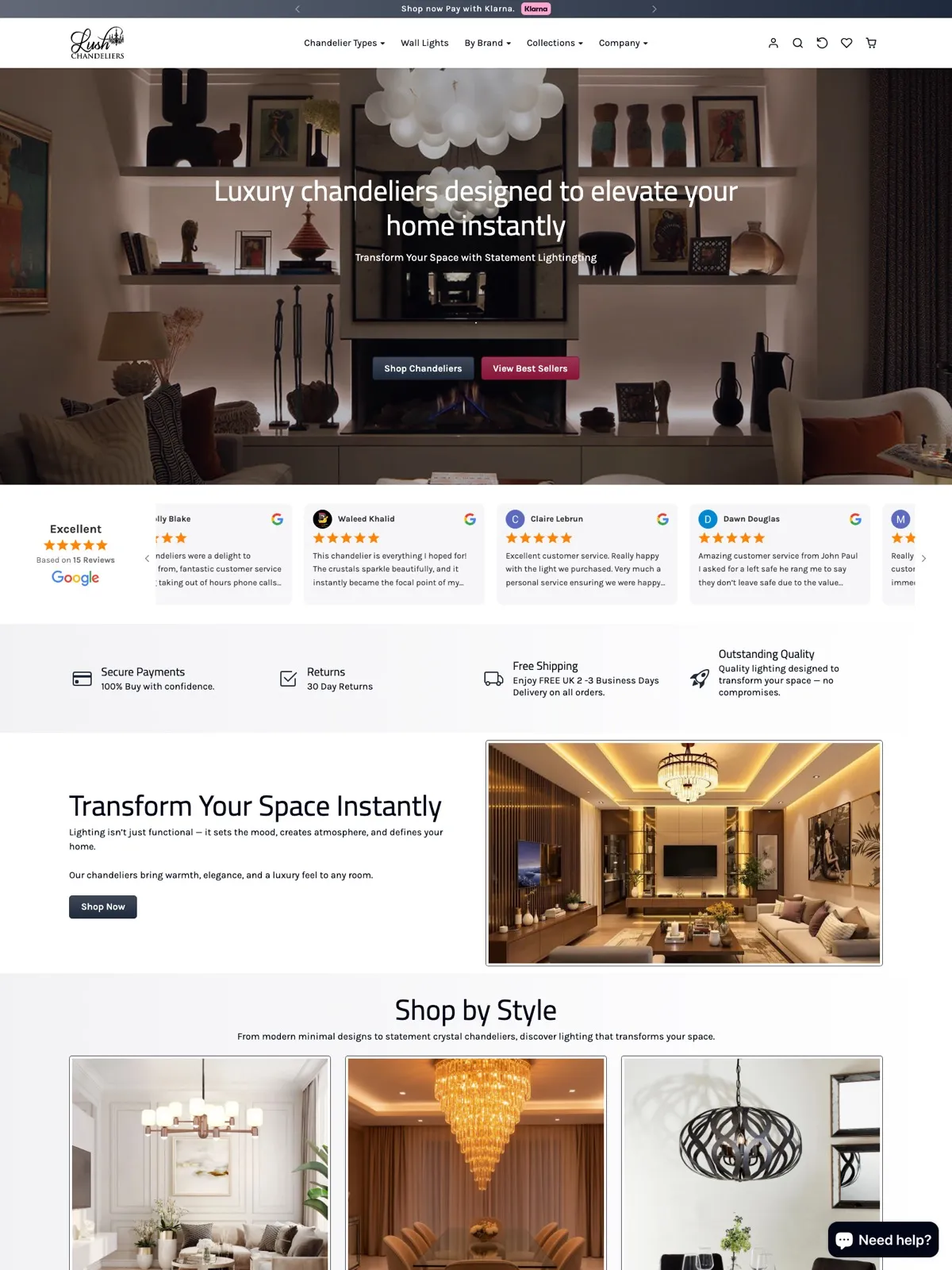 Lush Chandeliers Shopify store screenshot