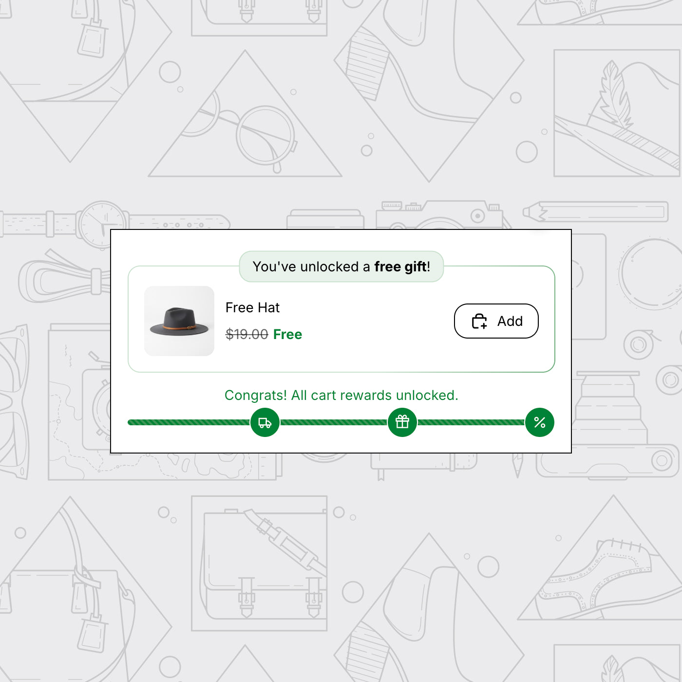 A digital promotional graphic with a central modal overlay that says 'You've unlocked a free gift!' and shows a free hat for $19.99 free, with a progress bar and icons below.