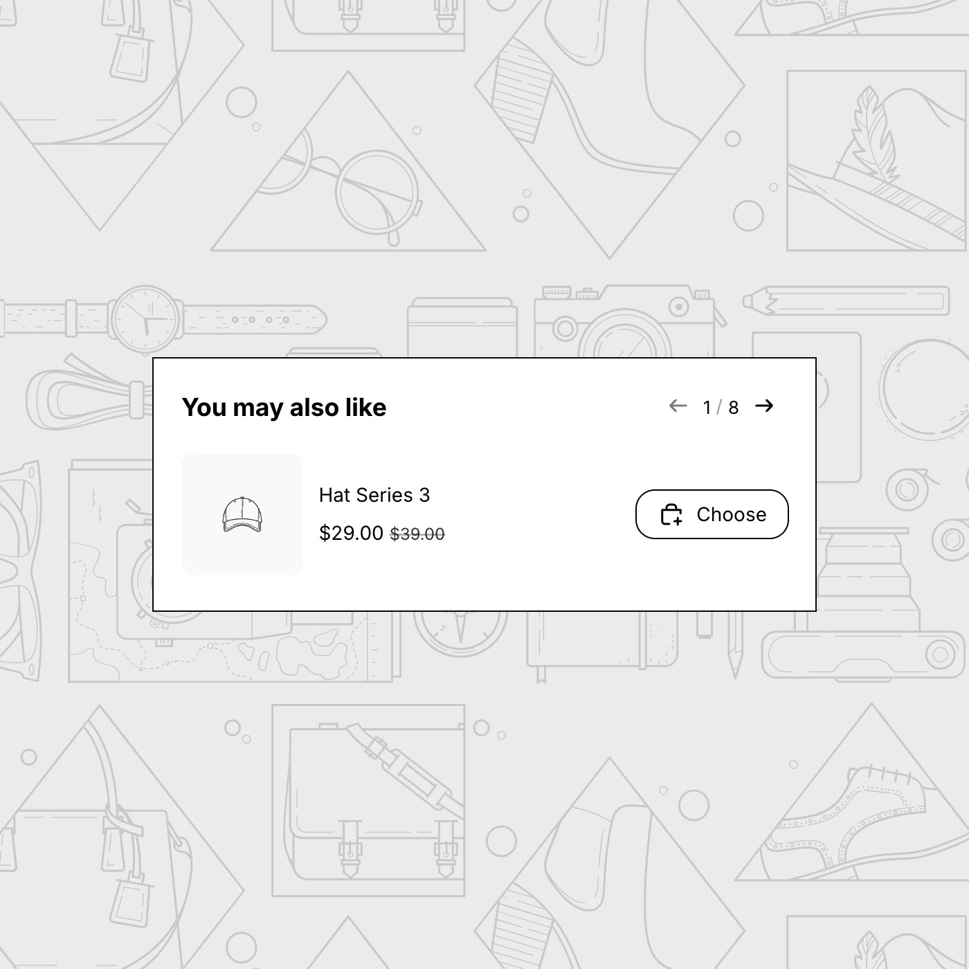 A light gray interface-style graphic with a central white card reading 'You may also like' and showing a small hat thumbnail labeled 'Hat Series 3' at $29.00 $39.