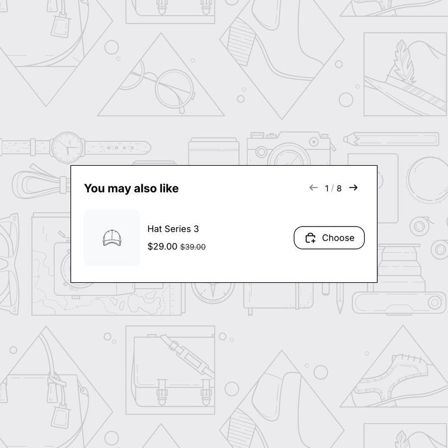 A light gray interface-style graphic with a central white card reading 'You may also like' and showing a small hat thumbnail labeled 'Hat Series 3' at $29.00 $39.