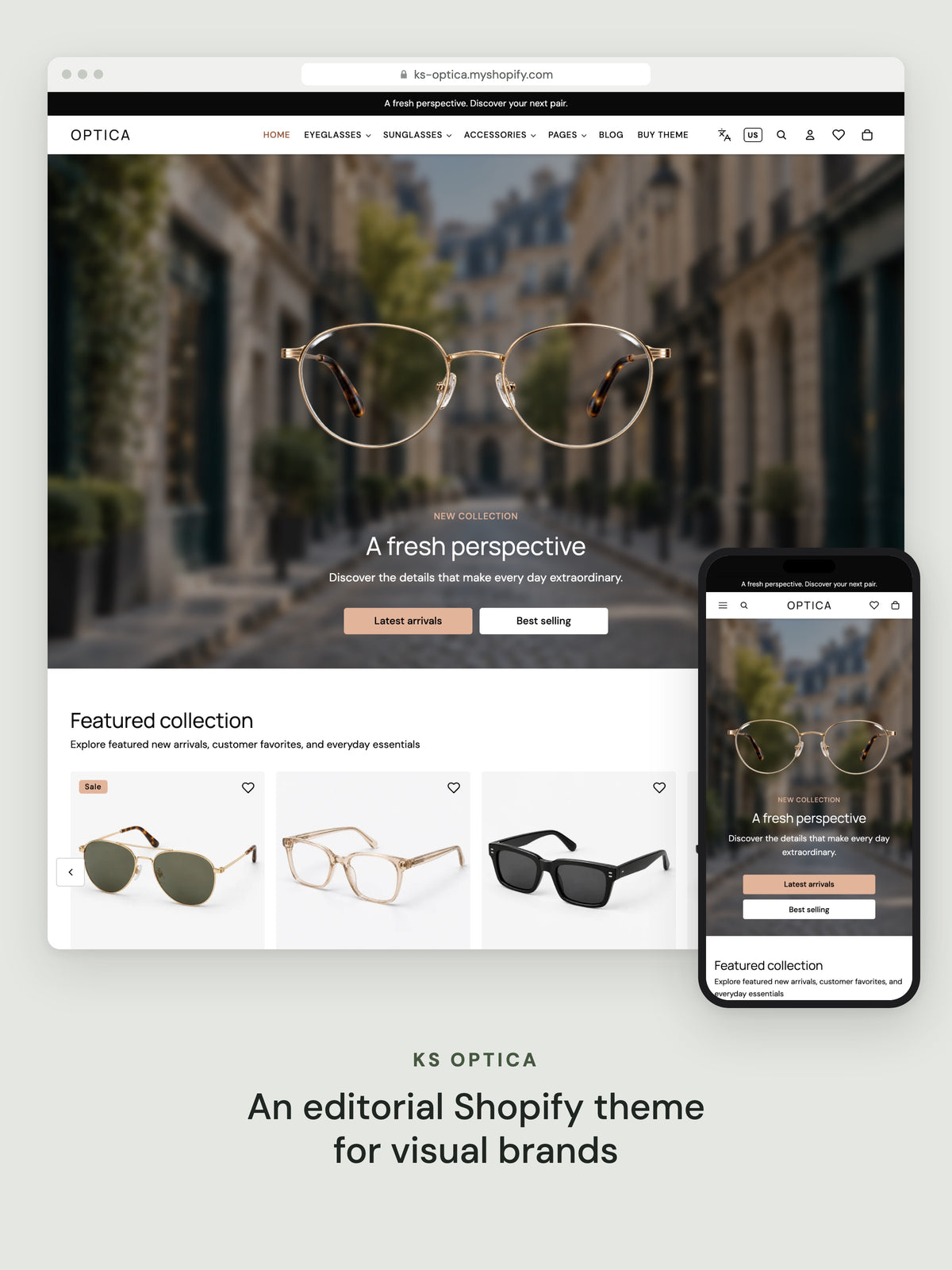 KS Optica: an editorial Shopify theme for visual brands, shown on desktop and mobile