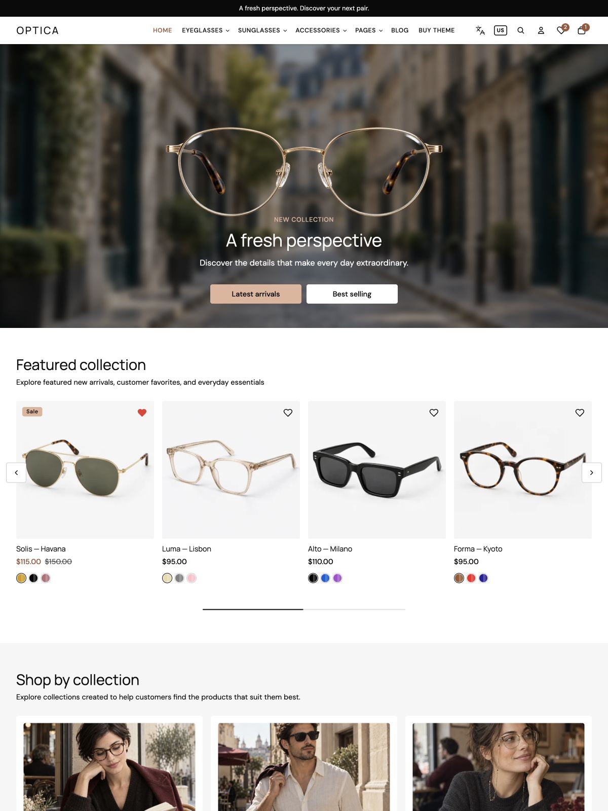KS Optica storefront with hero, featured eyewear, and collections