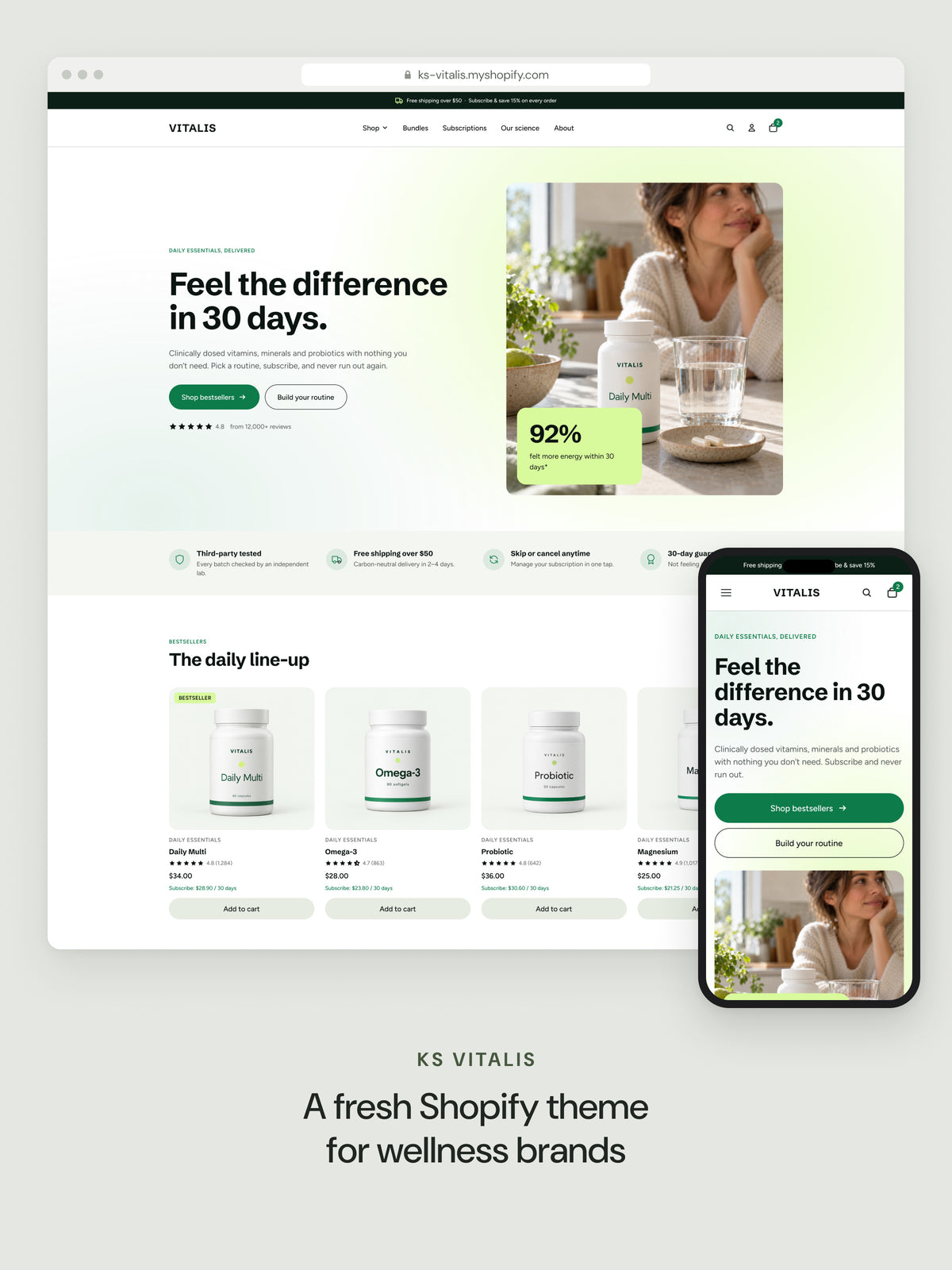 KS Vitalis: a fresh Shopify theme for wellness brands, shown on desktop and mobile